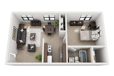 Floor plan for 1 bed, 1 bath, 590 sqft